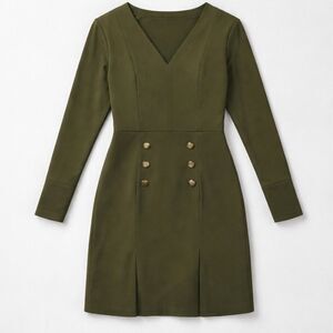 Shoshanna Olive Green long sleeve V-neck dress with button details size 6 EUC